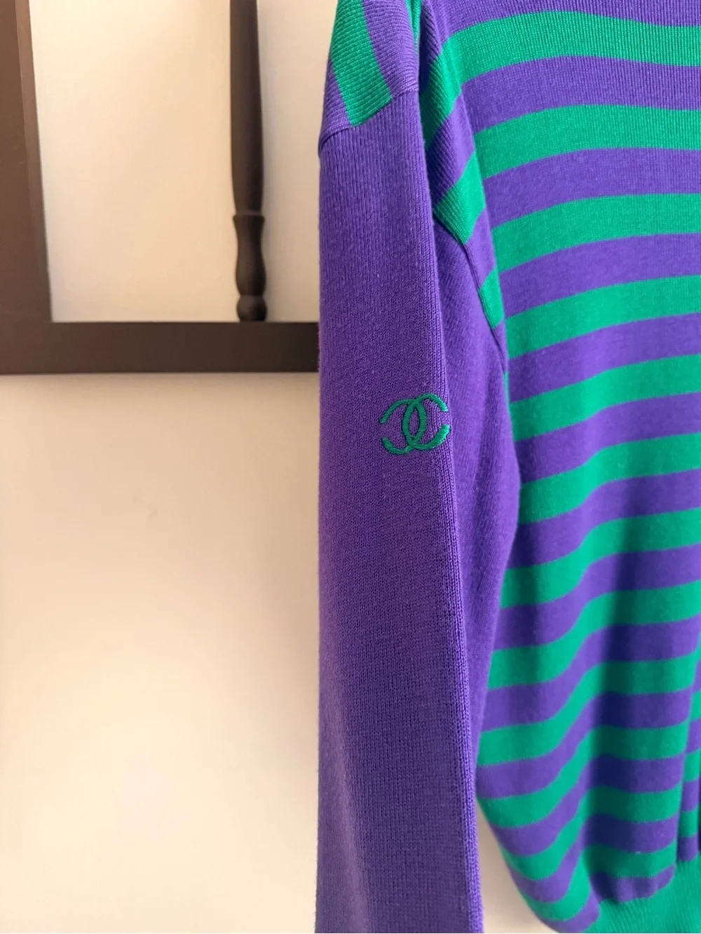 Striped Green & Purple Womens Sweater - Classic V-Notch Pullover